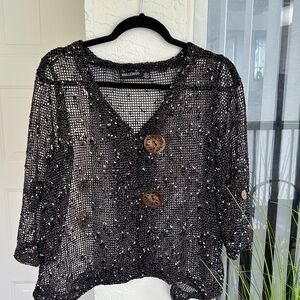 Nina Leonard Black Textured Cape with Button Accents